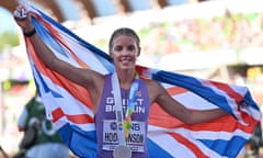 Keely Hodgkinson with her world championship silver medal after the 800m final in Eugene