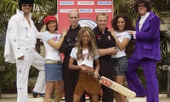 The band United Colours of Sound pose with players John Crawley and Chris Adams  at the launch of the Twenty20 Cup in 2003