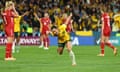 Hayley Raso celebrates scoring Australia’s second goal.