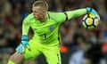 England v Germany - International Friendly<br>LONDON, ENGLAND - NOVEMBER 10: Goalkeeper Jordan Pickford of England controls the ball during the international friendly match between England and Germany at Wembley Stadium on November 10, 2017 in London, United Kingdom. (Photo by TF-Images/TF-Images via Getty Images)