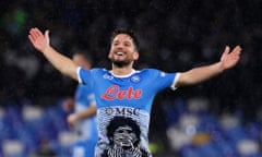 Dries Mertens, sporting a special shirt to mark the first anniversary of the death of former Napoli player Diego Maradona, celebrates scoring his side’s third goal against Lazio.