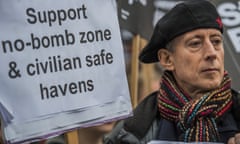 Peter Tatchell at a protest against bombing Syria outside Downing Street in 2015