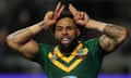 Josh Addo-Carr of Australia celebrates scoring his side’s second try against Fiji.