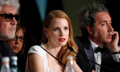 ‘The one thing I really took away from this is how the world views women’ … Jessica Chastain with Pedro Almodóvar and Paolo Sorrentino.