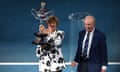 Margaret Court poses with the trophy presented to her by Rod Laver prior to the fourth-round match between Rafael Nadal and Nick Kyrgios at the Australian Open