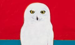 Jim Moir’s Snowy Owl, 2022, a white owl on a bright background that is half red, half blue