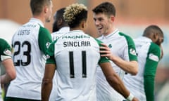 Scott Sinclair celebrates scoring Celtic’s second goal against Hamilton with Ryan Christie.