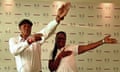 Wellesley and Jennifer Bolt, parents of Jamaican sprinter Usain Bolt, make their son's typical winning gesture during an interview Rio de Janeiro, Brazil on August 12, 2016, during the Rio 2016 Olympic Games. 
Bolt's parents predict the sprinter will deliver in his Olympic swansong. He is gunning to repeat his 2008 and 2012 exploits with a "Treble Treble" of gold in the 100m, 200m and 4x100m relay. / AFP PHOTO / TASSO MARCELOTASSO MARCELO/AFP/Getty Images