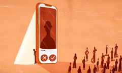 Illustration of a giant phone displaying a dating profile as a man hides behind the spotlight it casts, while a crowd stands in front of the phone with yes or no buttons