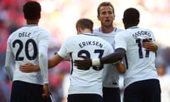 Dele Alli, Christian Eriksen, Harry Kane and Moussa Sissoko celebrate after a goal against Juventus at Wembley