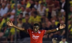 Bez Lubala, Crawley’s matchwinner, celebrates at the final whistle