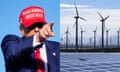 a side-by-side image of Donald Trump and wind turbines