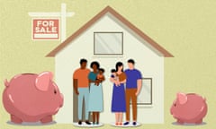 Illustration of two couples with children outside a home up for sale, with differently sized piggy banks at each side