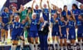 Chelsea celebrate with the Women’s Super League trophy in May.