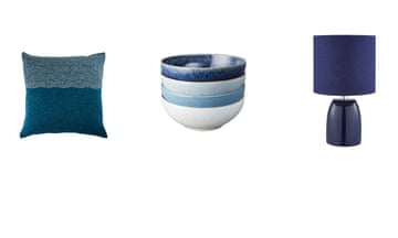 Blue cushion, bowls and lamp