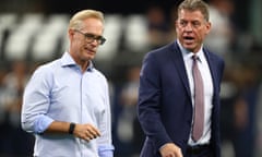 NFL: Green Bay Packers at Dallas Cowboys<br>Oct 6, 2019; Arlington, TX, USA; Fox announcers Joe Buck and Troy Aikman on the field prior to the game with the Dallas Cowboys playing against the Green Bay Packers at AT&amp;T Stadium. Mandatory Credit: Matthew Emmons-USA TODAY Sports