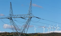 High tension power lines in front of wind farm