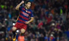 Luis Suarez celebrates scoring his hat-trick goal, Barcelona’s fourth, in the 6-0 La Liga win against Sporting Gijón at the Camp Nou