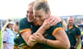 Australia v Wales - Rugby World Cup 2021: Pool A<br>WHANGAREI, NEW ZEALAND - OCTOBER 22: Grace Kemp of Australia and Kaitlan Leaney of Australia celebrate the win during the Pool A Rugby World Cup 2021 match between Australia and Wales at Northland Events Centre on October 22, 2022, in Whangarei, New Zealand. (Photo by Hannah Peters - World Rugby/World Rugby via Getty Images)