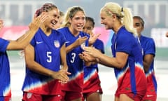 Lindsey Horan (10) of the United States talks with players including Trinity Rodman (5) and Korbin Albert (3) after Tuesday’s draw with Costa Rica at Audi Field.