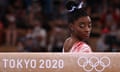 Simone Biles gets ready to compete in the artistic gymnastics women's balance beam final of the Tokyo Olympic Games