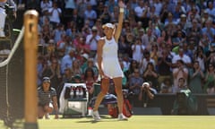 Elena Rybakina celebrates after her straight-sets win over Simona Halep