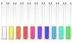 Collection of test tubes with liquids in all colours