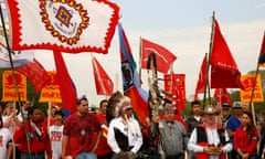 Members of the Cowboy-Indian Alliance, a group of ranchers, farmers and Indigenous leaders, protests against the Keystone XL pipeline in Washington, April 22, 2014. 