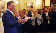 Members of the Victorian Labor Party applaud Premier Daniel Andrews as he arrives at the Victorian Parliament House in Melbourne, Tuesday, November 27, 2018. (AAP Image/David Crosling) NO ARCHIVING