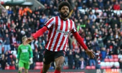 Sunderland’s Ellis Simms celebrates his injury-time goal in Sunderland’s 3-0 win over Millwall.