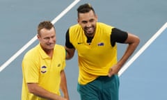 Team Captain of Australia, Lleyton Hewitt, (L), hugs Nick Kyrgios after Nick Kyrgios and Ale De Minaur defeated Jamie Murray and Joe Salisbury of Great Britain during day 7 of the ATP Cup tennis tournament at Ken Rosewall Arena in Sydney, Thursday, January 9, 2020. (AAP Image/Mark Evans) NO ARCHIVING, EDITORIAL USE ONLY