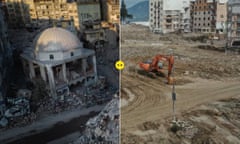 A destroyed mosque in Hatay, and the same scene a year later