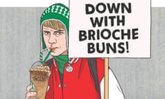 Illustration of an anti-gentrification warrior holding placard that reads: 'Down with brioche buns!'
