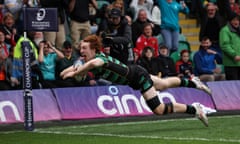 George Hendy dives in to score at Franklin’s Gardens