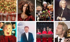 From left on top, a children’s choir, composer Errollyn Wallen, The Muppets Christmas Carol, Bach; from left on bottom: Home Alone, Harry Christophers, the Choir of King’s College Cambridge and Eric Whitacre.