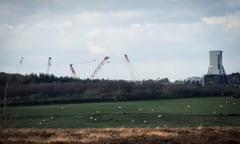 Cranes and a tall rectangular mining structure rise up behind a field of sheep.