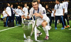 Gareth Bale holds the Champions League trophy after Real Madrid’s win against Atlético Madrid in 2016.