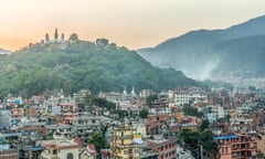 Sunset over the Swayambhunath temple in Kathmandu, Nepal.<br>T4XA35 Sunset over the Swayambhunath temple in Kathmandu, Nepal.