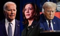 a side-by-side image of Joe Biden, Kamala Harris and Donald Trump