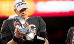 Cincinnati Bengals quarterback Joe Burrow holds the Super Bowl trophy