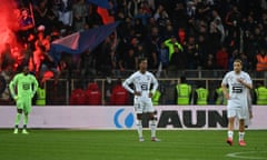 FBL-FRA-LIGUE1-MONTPELLIER-RENNES<br>(L-R) Rennes' French goalkeeper Steve Mandanda, Rennes' French defender Warmed Omari, and Rennes' Croatian midfielder Lovro Majer react after losing the French L1 football match between Montpellier Herault SC and Stade Rennais at Stade de la Mosson in Montpellier, southern France on April 23, 2023. (Photo by Sylvain THOMAS / AFP) (Photo by SYLVAIN THOMAS/AFP via Getty Images)