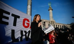 Naomi Klein speaks to Jewish protesters calling for the US to stop arming Israel at a demonstration in Brooklyn, New York, on 23 April.