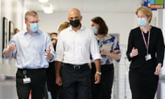 Coronavirus - Tue Aug 10, 2021<br>Health Secretary Sajid Javid (centre) alongside Amanda Pritchard, chief executive of NHS England, during a visit to Milton Keynes University hospital. Picture date: Tuesday August 10, 2021. PA Photo. See PA story HEALTH Coronavirus. Photo credit should read: Jacob King/PA Wire