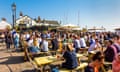 People sitting outside The Peterboat pub in the summer in seaside town Leigh-on-Sea near Southend on Sea, Essex, UK<br>2BE6Y6D People sitting outside The Peterboat pub in the summer in seaside town Leigh-on-Sea near Southend on Sea, Essex, UK