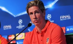 Atletico de Madrid Press Conference - UEFA Champions League Final<br>MILAN, ITALY - MAY 27: In this handout image provided by UEFA Gabi, captain of Atletico Madrid and Fernando Torres talk to the media during Atletico de Madrid press conference on the eve of the UEFA Champions League Final against Real Madrid at Stadio Giuseppe Meazza on May 27, 2016 in Milan, Italy. (Photo by Handout/UEFA via Getty Images)