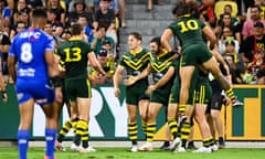 James Tedesco of the Kangaroos celebrates after scoring a try against Samoa at Queensland Country Bank Stadium.