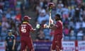 West Indies v England - 4th One Day International<br>GRENADA, GRENADA - FEBRUARY 27: Chris Gayle of the West Indies celebrates with Darren Bravo after reaching 10000 career ODI runs during the 4th One Day International match between the West Indies and England at Grenada National Stadium on February 27, 2019 in Grenada, Grenada. (Photo by Gareth Copley/Getty Images)