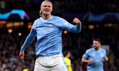 Erling Haaland celebrates scoring the opener for Manchester City against Young Boys