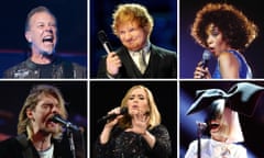 Who’s No 1? Clockwise from top left, Metallica, Ed Sheeran, Whitney Houston, Sia, Adele and Kurt Cobain