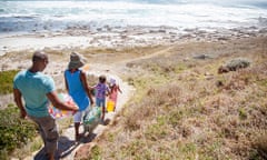 family heading to the beach